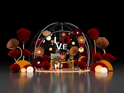 Romantic Event Setup With Circular Frame LOVE Sign Red Roses And Decorative Lights 3d model