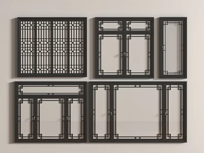 Various Casement Window Designs With Black Frames And Intricate Grille Details 3d model
