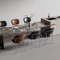 Long Table And Chair Set With Marble Countertop Black Brown Chairs Cabinet Sink Plants Cups