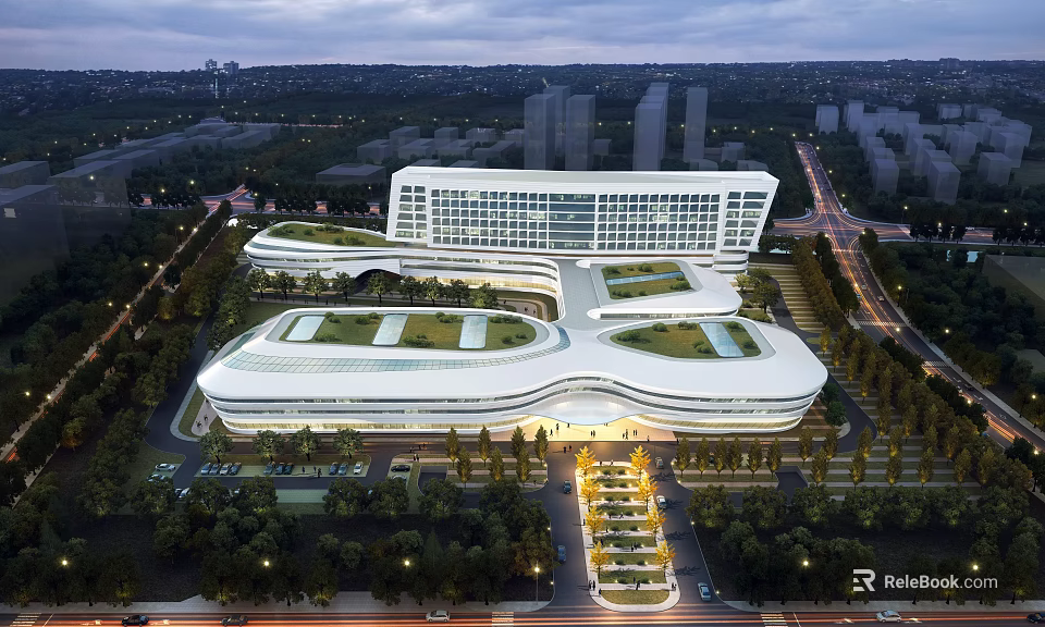 Modern Commercial Complex With Green Roof And Night View 3d model 