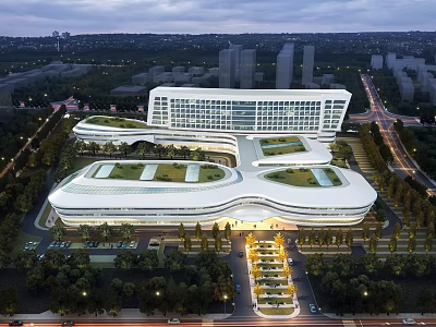 Modern Commercial Complex With Green Roof And Night View 3d model
