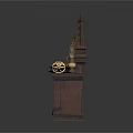 Classic Dark Brown Carved Wooden Cabinet With Ornate Top And Decorative Items