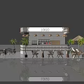 Modern Milk Tea Shop With Logo Counter Outdoor Seating Palm Trees And Patterned Tile Floor