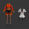 Woman Wearing Orange Dress With Gray Shoulder Details And White Top With Dark Pants