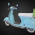 Light Blue Classic Scooter With Green Box On Rear Seat And White Wheels