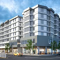 Modern Commercial Street With Multi storey Buildings Shop Fronts Trees And Parked Cars