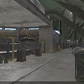Industrial Interior Space With Metal Structures Gray Flooring Yellow Railings Staircase Large Equipment And Green Canvas Roof