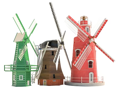 Colorful Traditional Windmill Structures With Green Brown Red Towers And Rotating Blades 3d model