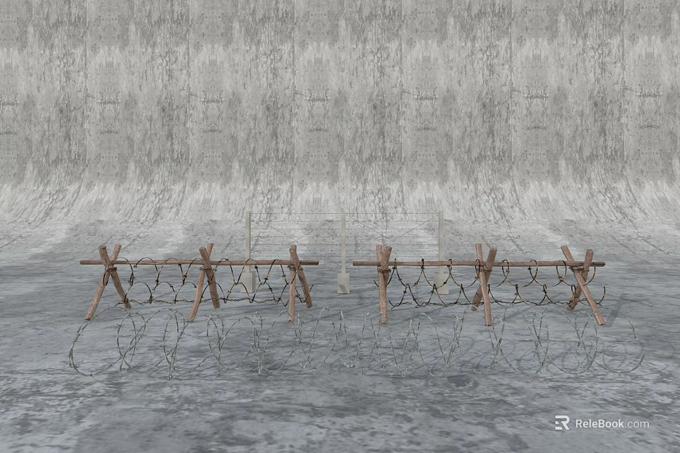 Road Facilities Featuring Wooden Barriers With Chains And Barbed Wire On Wet Ground 3d model 