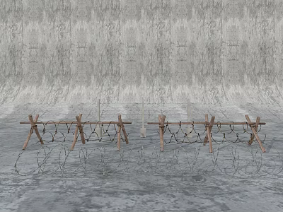 Road Facilities Featuring Wooden Barriers With Chains And Barbed Wire On Wet Ground 3d model