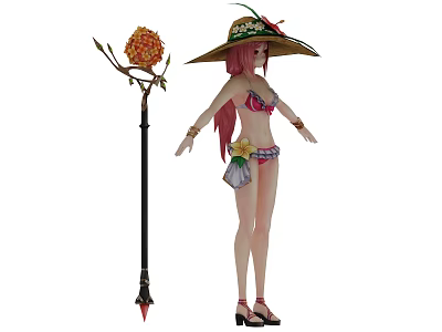 Game and Movie Character Female in Bikini Outfit with Large Straw Hat and Long Staff 3d model