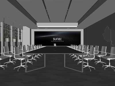 Modern Conference Room With Long Table Projector Screen And Ergonomic Chairs 3d model