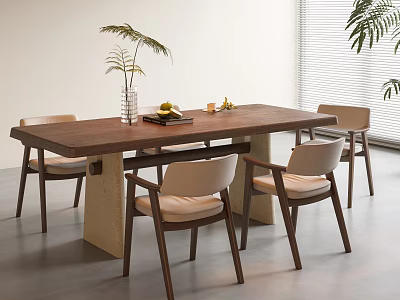 Modern Wooden Dining Table Set with Light Cushioned Chairs Green Plant Vase Fruits 3d model
