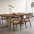 Modern Wooden Dining Table Set with Light Cushioned Chairs Green Plant Vase Fruits