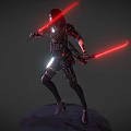 Game Movie Sci Fi Character With Long Black Hair In Armored Suit Wielding Red Lightsabers