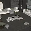 Modern Beige Sofa and Coffee Table Set with Throw Pillows Marble Top and Potted Plant