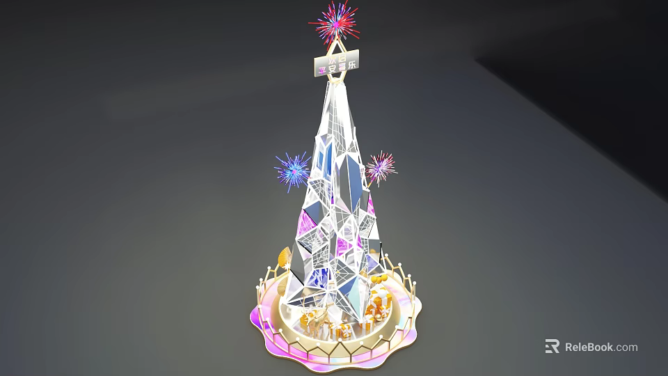 Illuminated Decorative Tower Model With Colorful Fireworks Ornate Base And Geometric Patterns 3d model