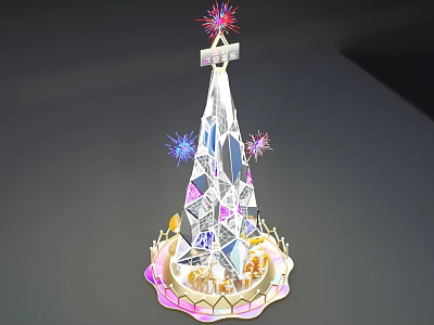 Illuminated Decorative Tower Model With Colorful Fireworks Ornate Base And Geometric Patterns 3d model