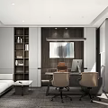 Modern Office Interior Design With Open Concept Bookshelf Sofa Desk And Computer Chairs 3d model