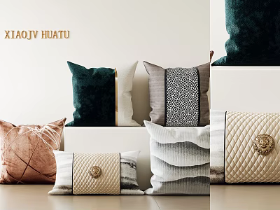 Elegant Colored Throw Pillows with Velvet Quilted and Patterned Textures for Home Decor 3d model