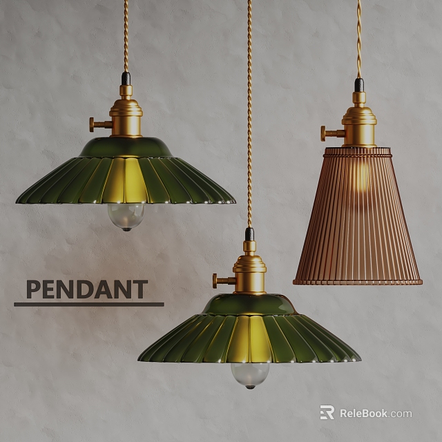 Set of Three Modern Pendant Lights with Gold Metal Base Green and Copper Striped Shades 3d model 