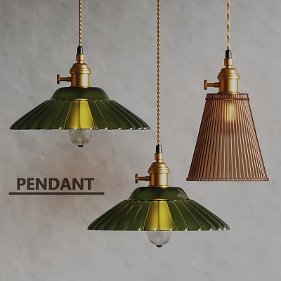 Set of Three Modern Pendant Lights with Gold Metal Base Green and Copper Striped Shades 3d model