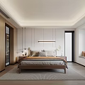 Modern Bedroom Interior With Wooden Wardrobe Bedside Lamps Recessed Lighting And Area Rug