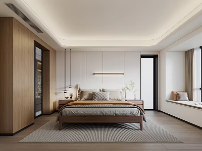 Modern Bedroom Interior With Wooden Wardrobe Bedside Lamps Recessed Lighting And Area Rug 3d model
