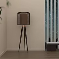 Modern Wooden Tripod Floor Lamp With Fabric Shade In Cozy Interior With Plant Vertical Slats