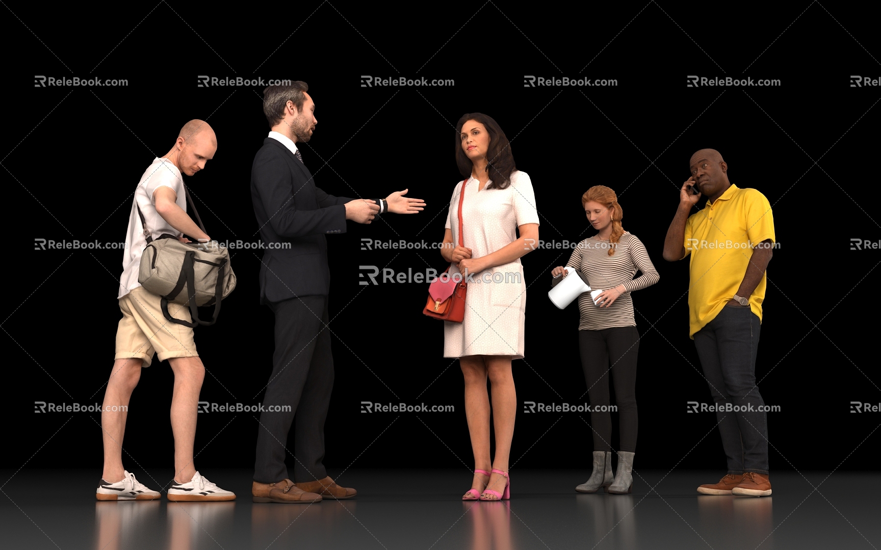 Conversation and Dialogue Scene Many Tourists Backpack Looking for Water dress Suit Male Phone Black White Foreigner Scene 3d model