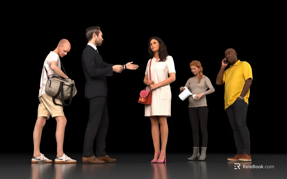 Group of People Standing in a Row with Different Actions Against Black Background 3d model 