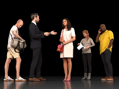 Group of People Standing in a Row with Different Actions Against Black Background 3d model