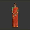 Elegant Woman Wearing Traditional Red Saree With Green Blouse And White Patterns