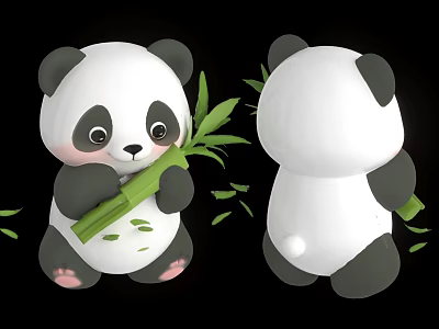 Two Cute 3D Panda Characters Holding Green Bamboo with Scattered Leaves 3d model