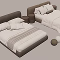 Modern Double Beds Interior With Gray White Bedding Pillows Small Round Stools And Decorative Balls 3d model
