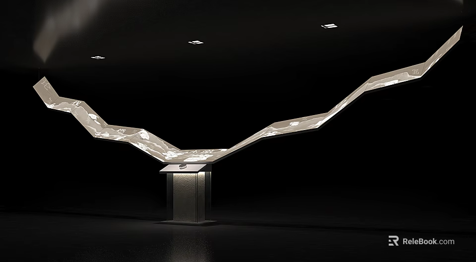 White Irregular Wavy Structure With Gray Pillar Support And Top Recessed Lights On Black Background 3d model 