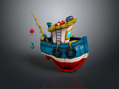 Cartoon Fishing Boat With Blue Red Hull Yellow Cabin Ladder And Life Rings 3d model