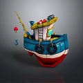 Cartoon Fishing Boat With Blue Red Hull Yellow Cabin Ladder And Life Rings