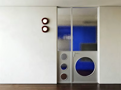 Modern Interior Double Doors Featuring Frosted Glass Blue Patterns And Red Circular Decorations 3d model