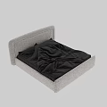Modern Double Bed with Light Gray Fabric Headboard and Black Bed Sheets