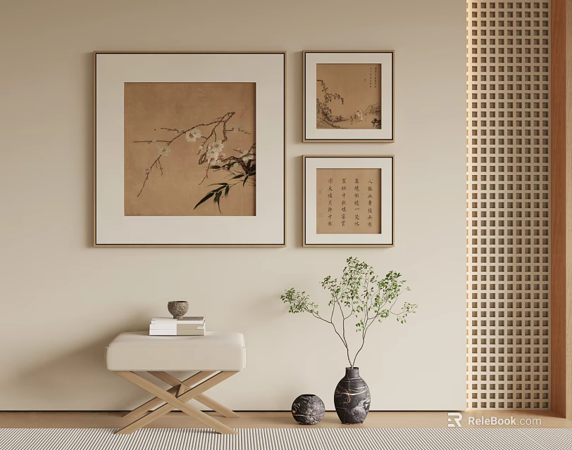 Chinese Style Interior Decor With Three Framed Artworks Wooden Lattice Vase And Green Plant 3d model 