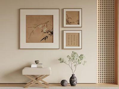 Chinese Style Interior Decor With Three Framed Artworks Wooden Lattice Vase And Green Plant 3d model