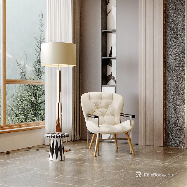 Cozy Living Room Interior With White Armchair Floor Lamp And Scenic Window View 3d model 