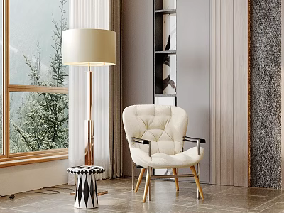 Cozy Living Room Interior With White Armchair Floor Lamp And Scenic Window View 3d model