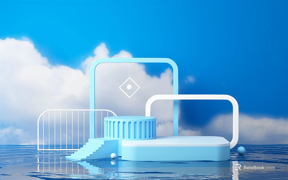 Blue Cloudy Display Platform With Geometric Frames Cylindrical Base Steps And Water Reflection 3d model