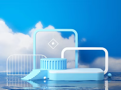 Blue Cloudy Display Platform With Geometric Frames Cylindrical Base Steps And Water Reflection 3d model