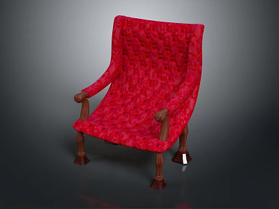 Red Patterned Single Sofa Featuring Wooden Arms and Classic Design Legs 3d model