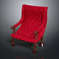 Red Patterned Single Sofa Featuring Wooden Arms and Classic Design Legs
