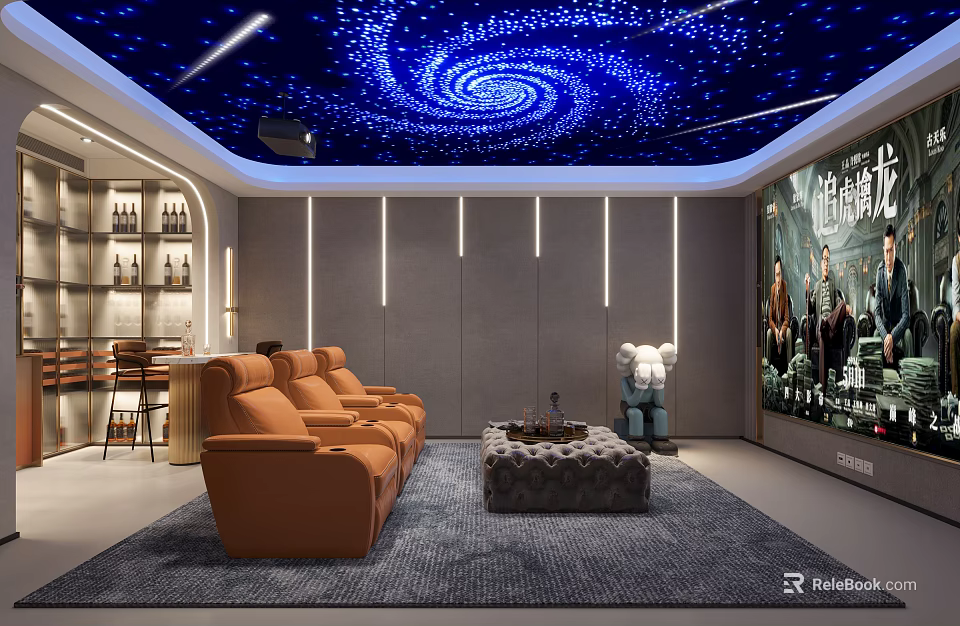 Elegant Home Theater Interior With Starry Sky Ceiling Orange Sofas And Large Screen 3d model 