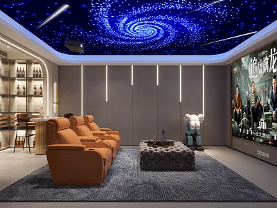 Elegant Home Theater Interior With Starry Sky Ceiling Orange Sofas And Large Screen 3d model